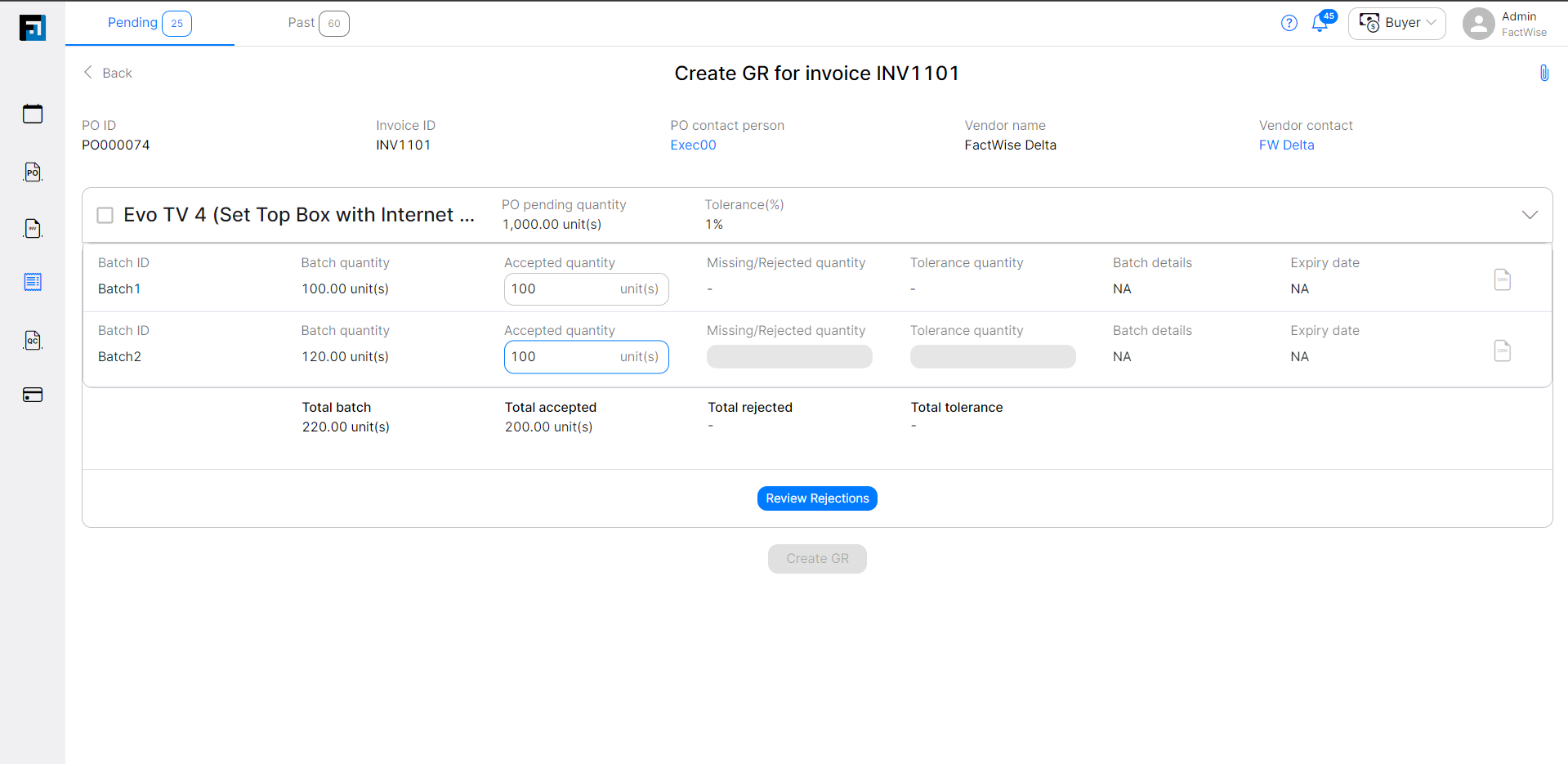 Create GR for FactWise Invoices